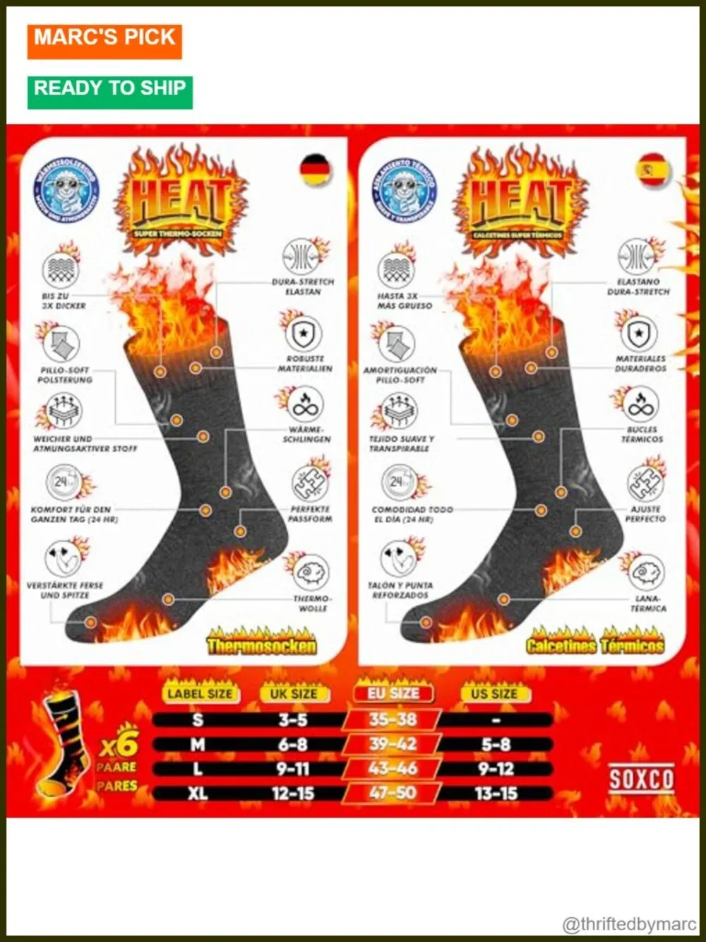 Thermal Winter Socks Pack of 6 Heat Loop Insulation Crew Length